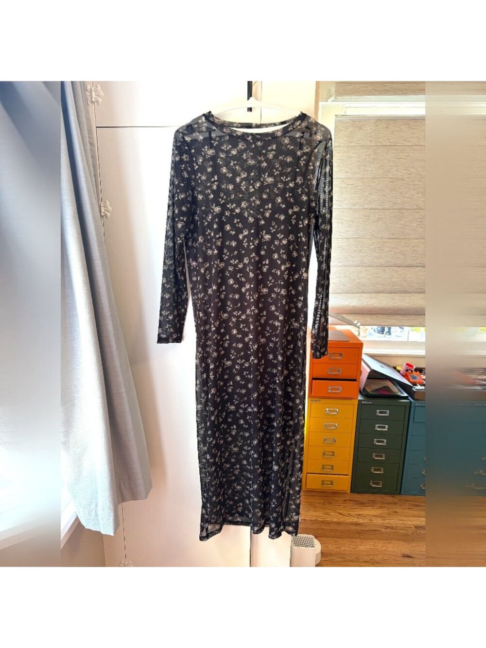 Gap Mesh Midi Dress Black Floral Print Long Sleeve Size L - Picture 6 of 12